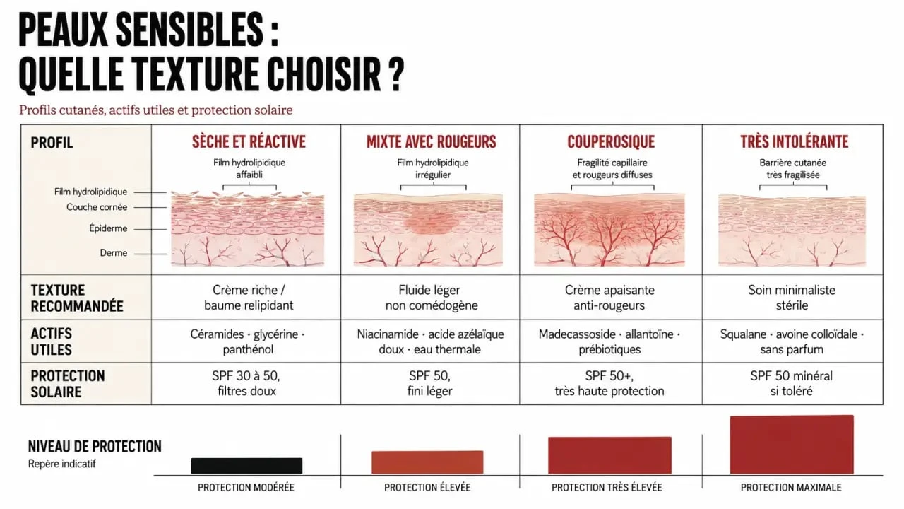 Crème anti-rougeurs visage efficace : guide visuel des textures, actifs et SPF selon le type de peau