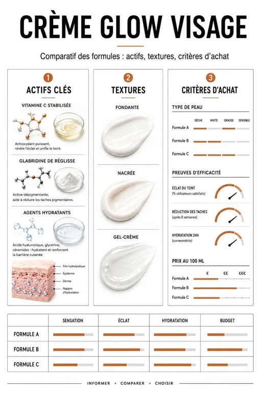 Infographie crème glow visage sur les actifs, textures et critères de choix