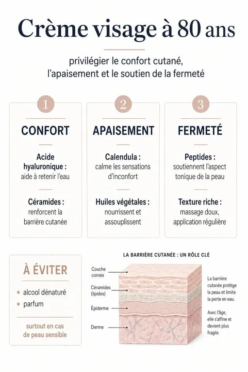 Infographie sur la crème visage femme 80 ans : confort, apaisement, fermeté et ingrédients à privilégier