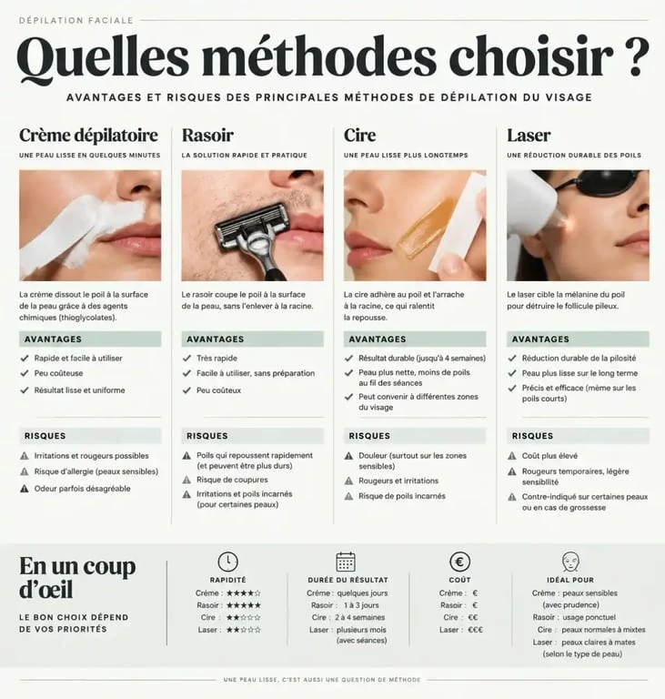 Comparatif des méthodes de dépilation visage et risques de la crème dépilatoire