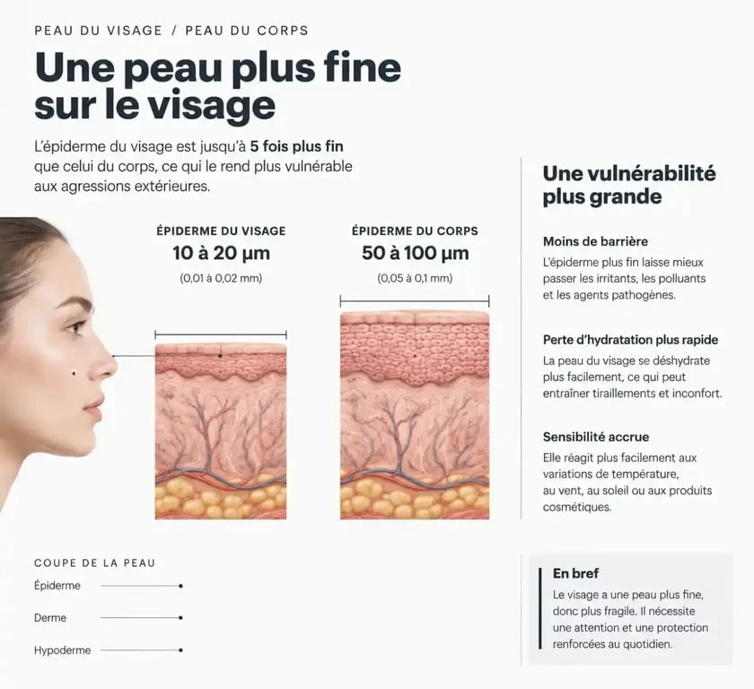 Schéma montrant la finesse de la peau du visage par rapport au corps
