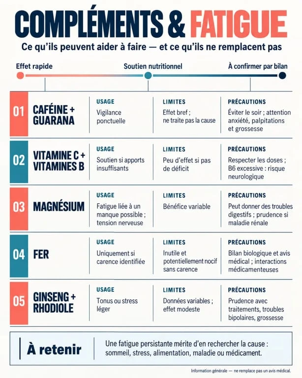 Infographie sur les compléments alimentaires contre la fatigue, leurs usages et précautions