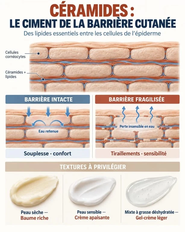 Infographie sur la crème visage aux céramides et le rôle des céramides dans la barrière cutanée