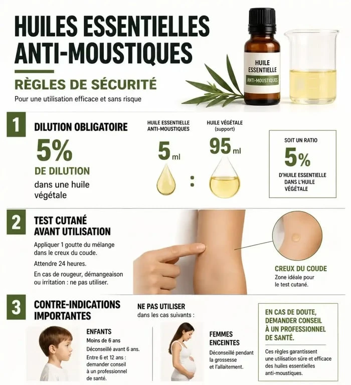 Infographie sur la sécurité et le dosage des huiles essentielles anti moustiques