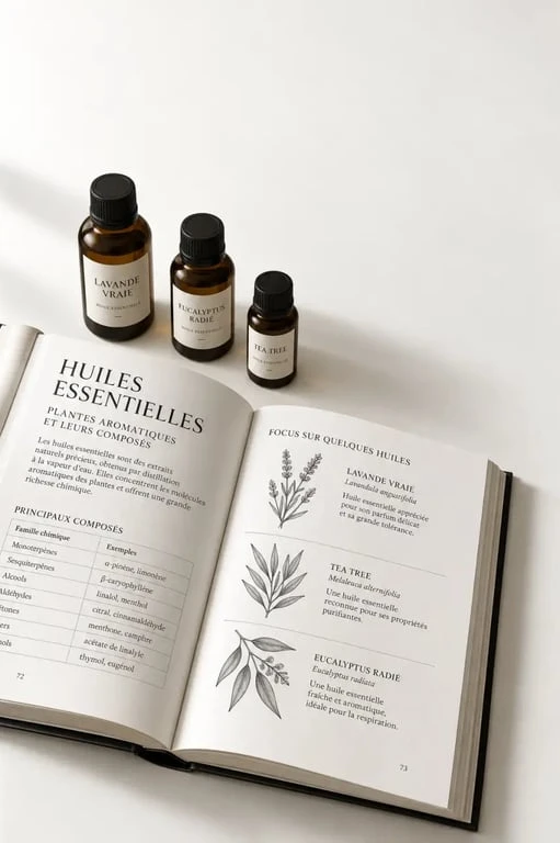 Ma bible des huiles essentielles ouverte à côté de flacons d'huiles essentielles