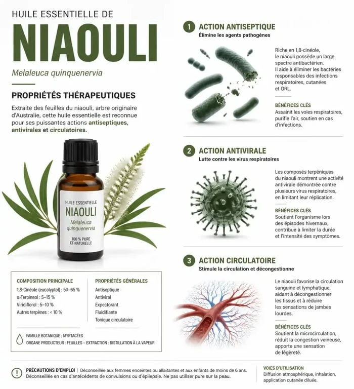 Infographie des bienfaits et propriétés de l'huile essentielle de niaouli pour la santé
