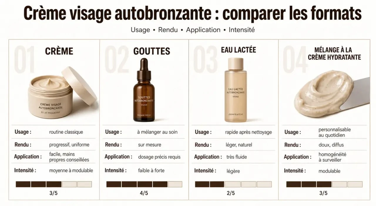 Comparatif crème visage autobronzante, gouttes et eau lactée selon le rendu et la facilité d’application