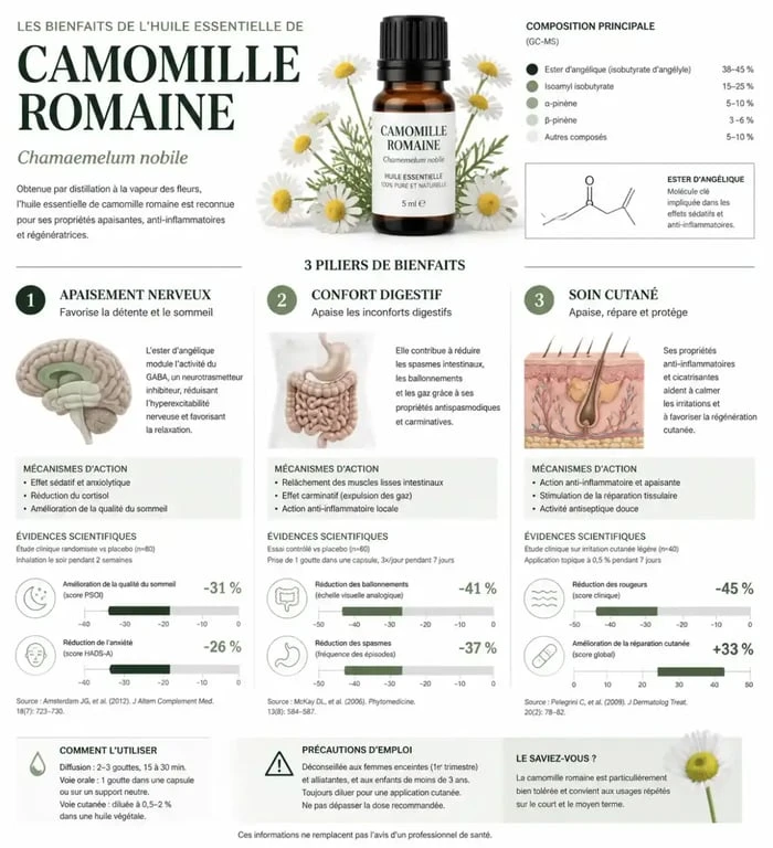 Infographie des bienfaits et usages de l'huile essentielle de camomille romaine pour la santé