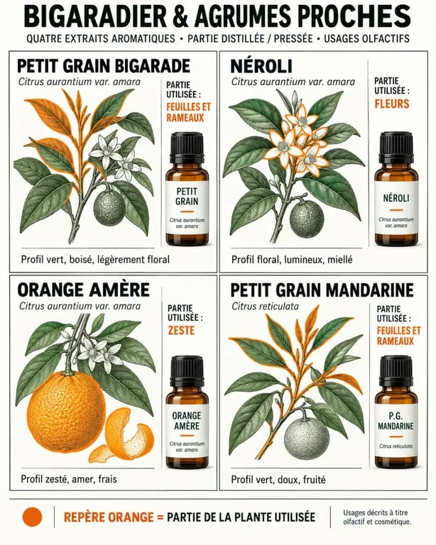 Huiles essentielles petit grain bigarade : comparaison des parties de plante avec le néroli, l’orange amère et le petit grain mandarine