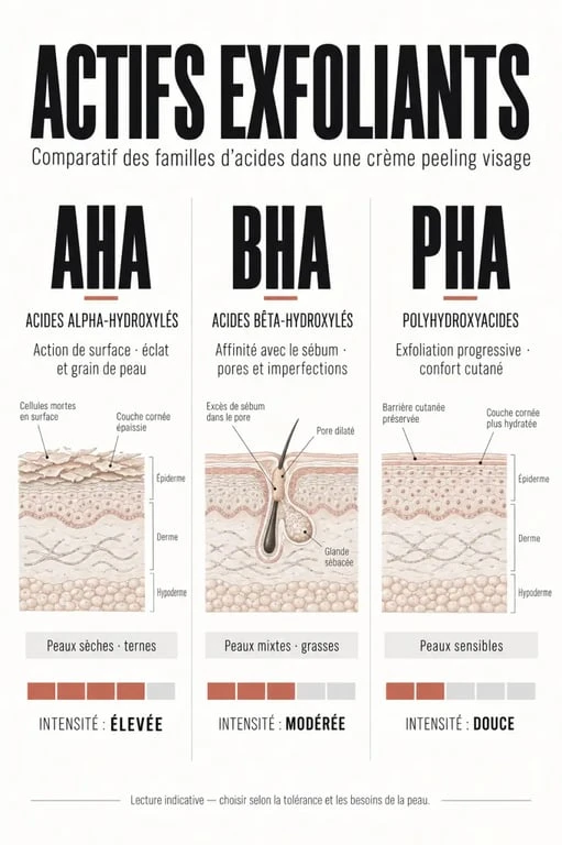 Comparatif des actifs AHA BHA PHA pour choisir sa crème peeling visage selon le type de peau