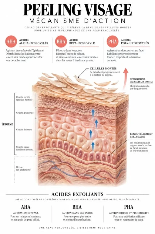 Infographie du mécanisme d'action d'une crème peeling visage sur les cellules mortes de l'épiderme