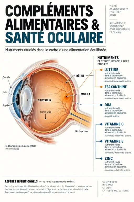 Infographie sur les compléments alimentaires yeux, la rétine, la macula et les principaux nutriments