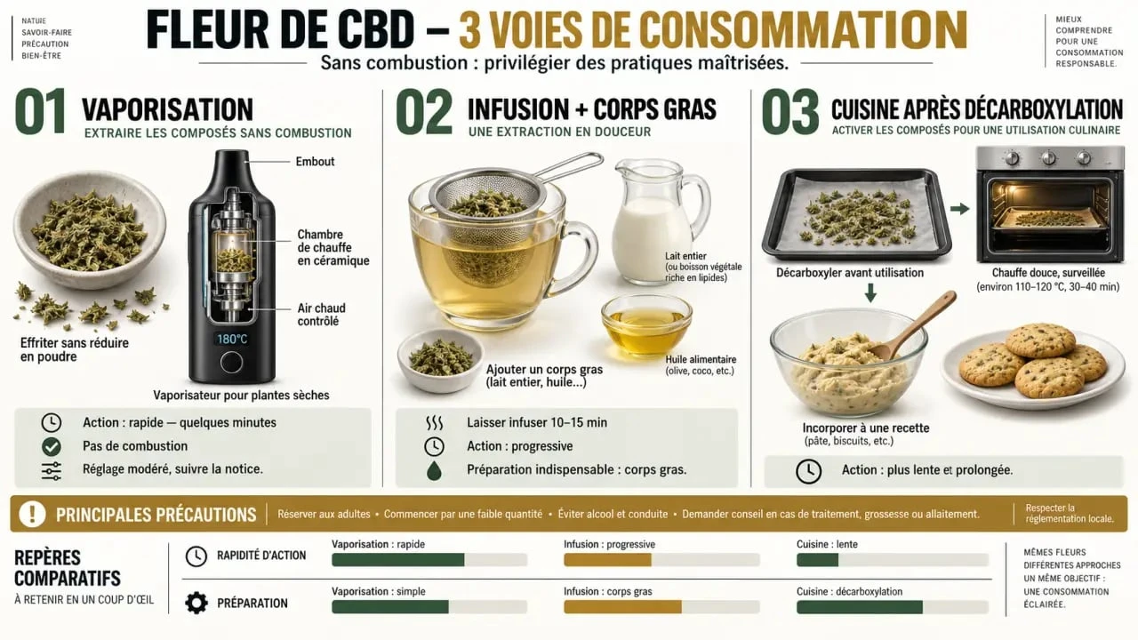 Infographie comment consommer la fleur de CBD par vaporisation, infusion ou cuisine