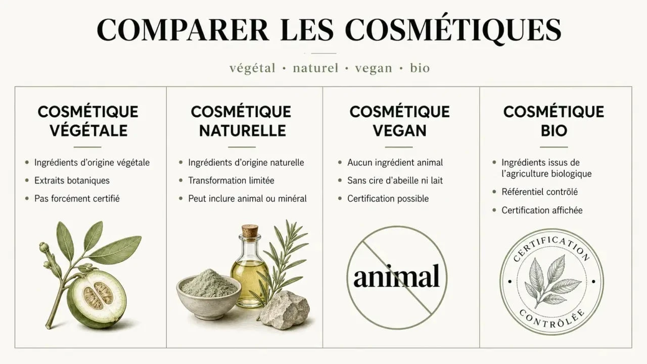 Cosmétique végétale : comparaison visuelle avec cosmétique naturelle, vegan et bio