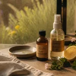 Huiles essentielles anti moustiques sur table de terrasse, spray maison
