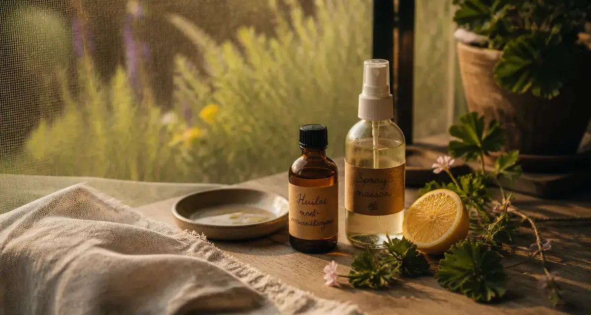 Huiles essentielles anti moustiques sur table de terrasse, spray maison