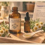 Huiles essentielles camomille romaine, bouteille d’huile et fleurs pour apaiser