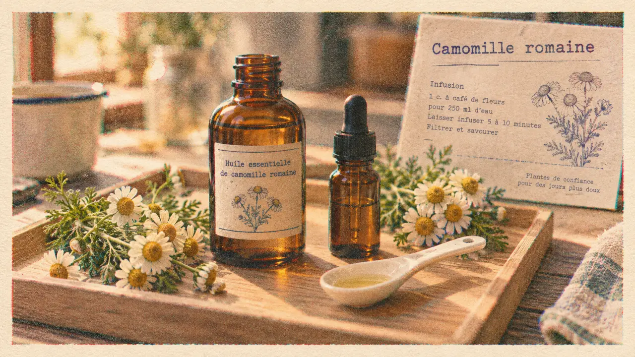 Huiles essentielles camomille romaine, bouteille d’huile et fleurs pour apaiser