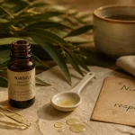 Fiole d’huiles essentielles niaouli, compte-gouttes et feuilles de Melaleuca pour respiration