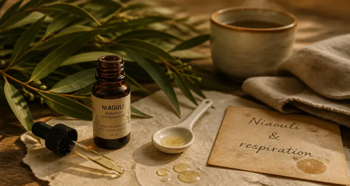Fiole d’huiles essentielles niaouli, compte-gouttes et feuilles de Melaleuca pour respiration