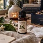 Huiles essentielles petit grain bigarade, gouttes et feuilles sur table en bois