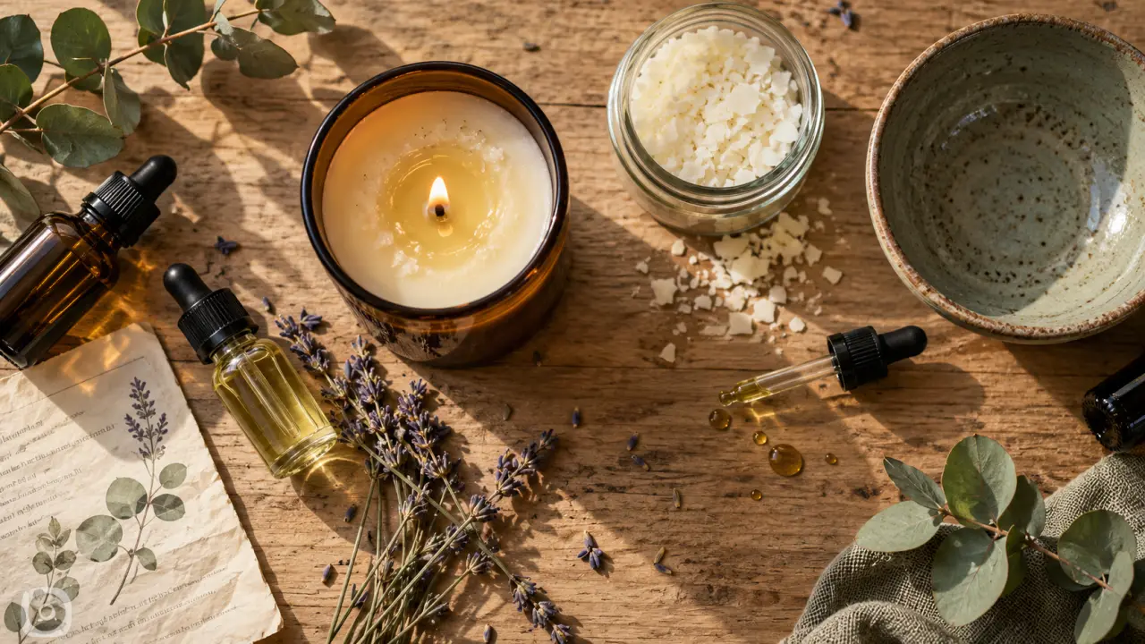 Bougie aux huiles essentielles : mèche, cire et huiles essentielles sur bois clair