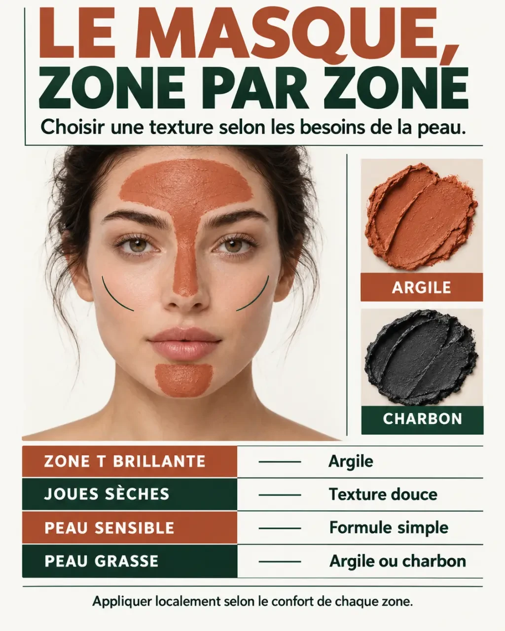Masque pour purifier le visage appliqué selon les zones et le type de peau