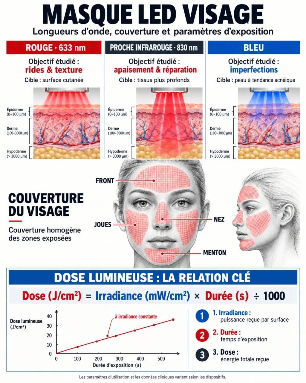 Infographie sur le masque lumière visage LED, les longueurs d’onde et les critères techniques