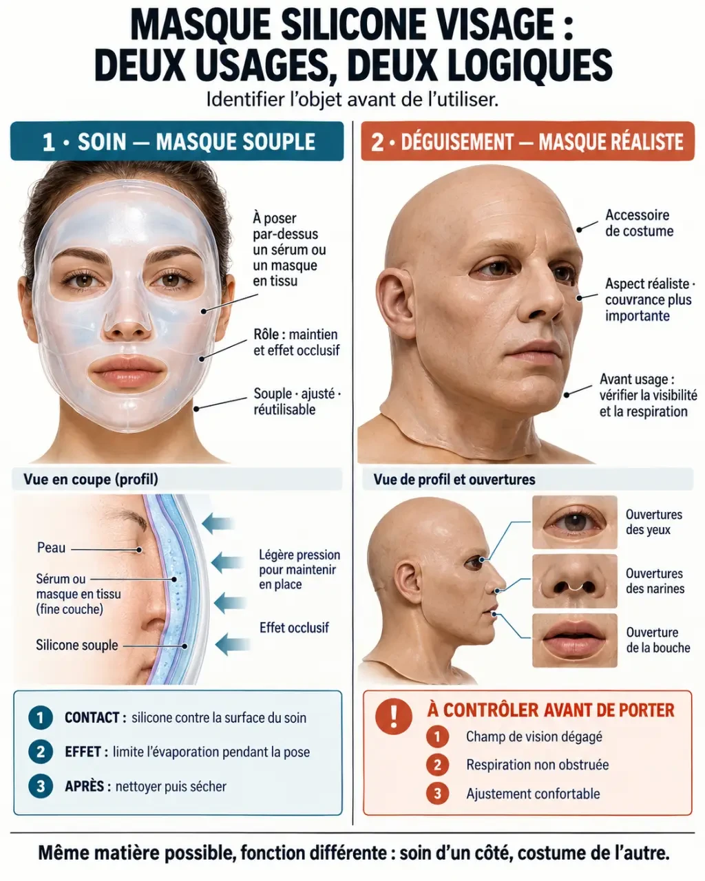 Infographie sur les deux usages du masque silicone visage, soin cosmétique ou accessoire de déguisement