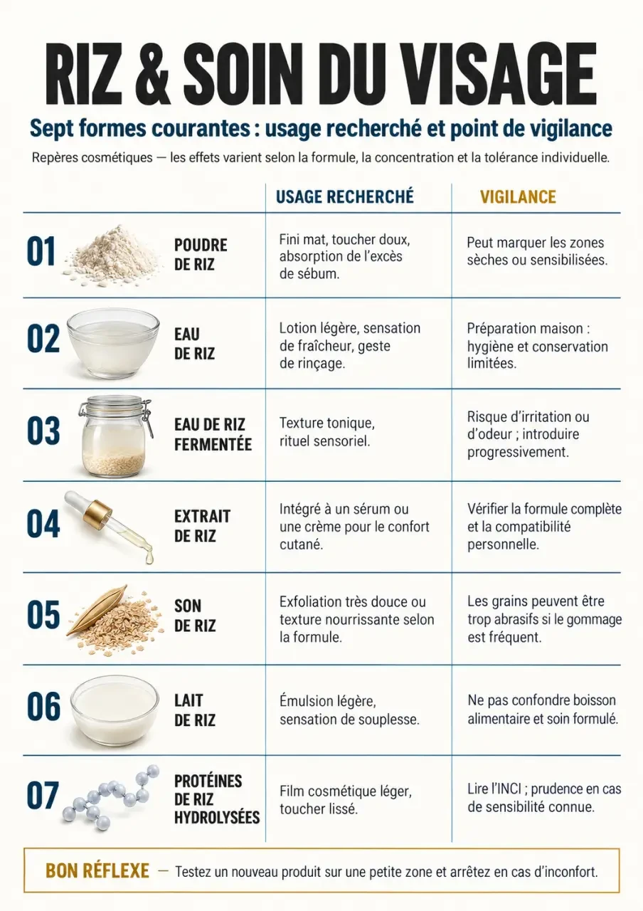 Masque au riz pour visage : comparaison des formes de riz, de leurs usages et précautions