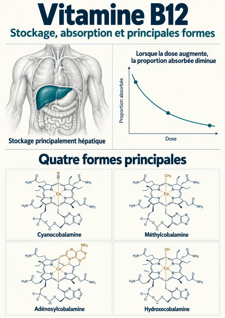 Infographie sur la vitamine B12 et les compléments alimentaires, absorption et formes de cobalamine