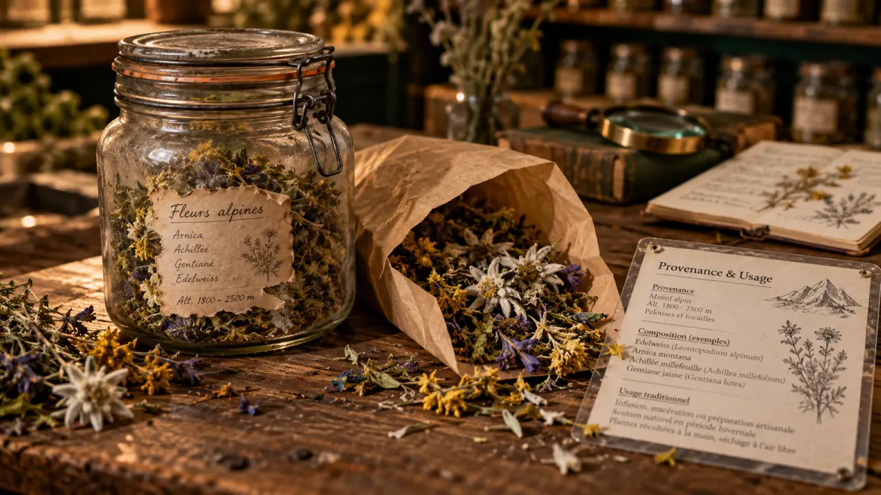 Herboristerie suisse : bocal et plantes alpines, provenance et usage
