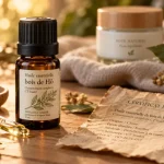 Huiles essentielles bois de ho en flacon ambré, pour la peau, à ne pas utiliser pur