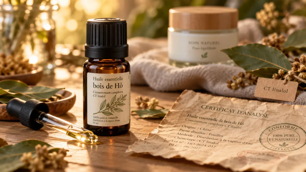 Huiles essentielles bois de ho en flacon ambré, pour la peau, à ne pas utiliser pur