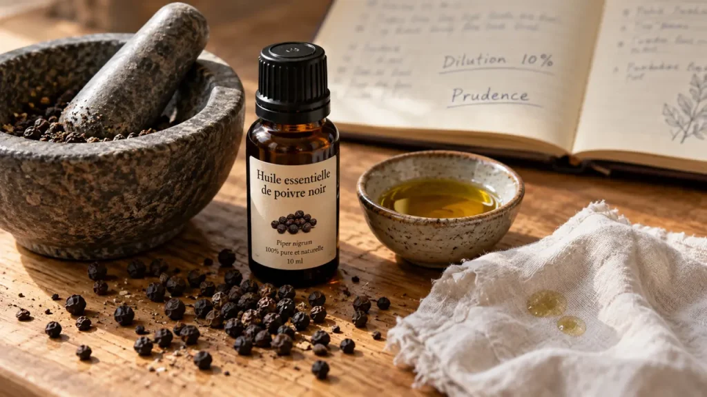 Huiles essentielles de poivre noir : confort musculaire, olfaction et précautions à connaître