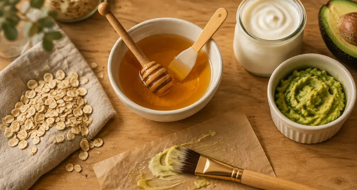 Masque au miel visage : bol de miel doré, textures et ingrédients pour recettes