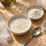 Masque au riz pour visage, pâte de riz lisse sur table en bois