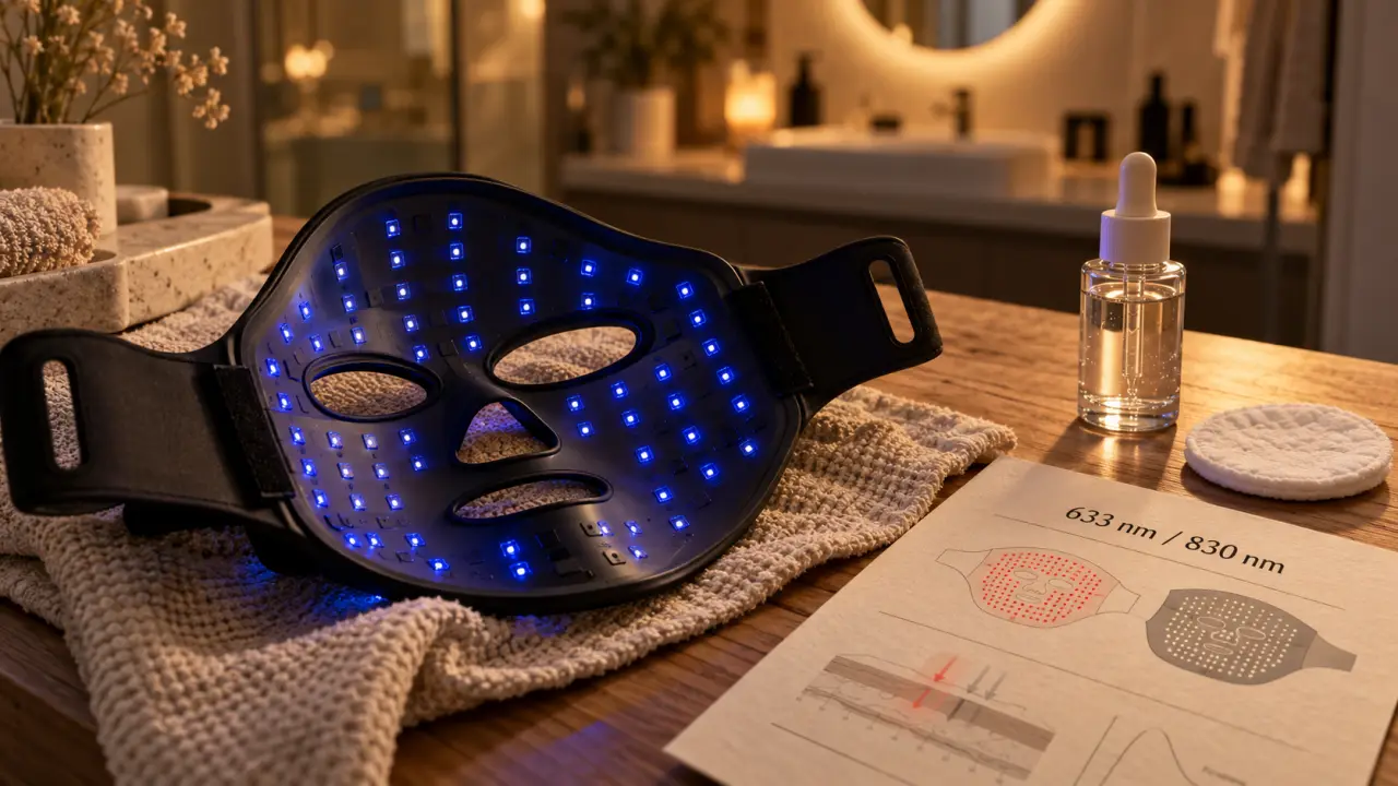 Masque lumiere visage sur table : 633 nm et 830 nm