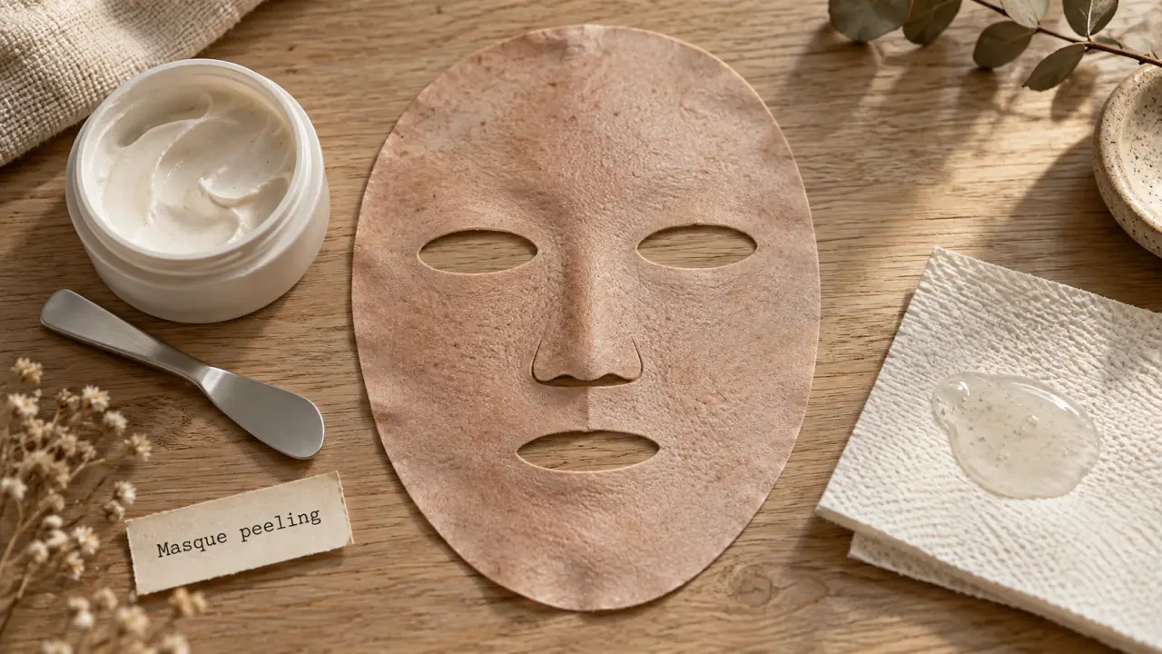 Masque peeling visage : pot et spatule, lotion translucide